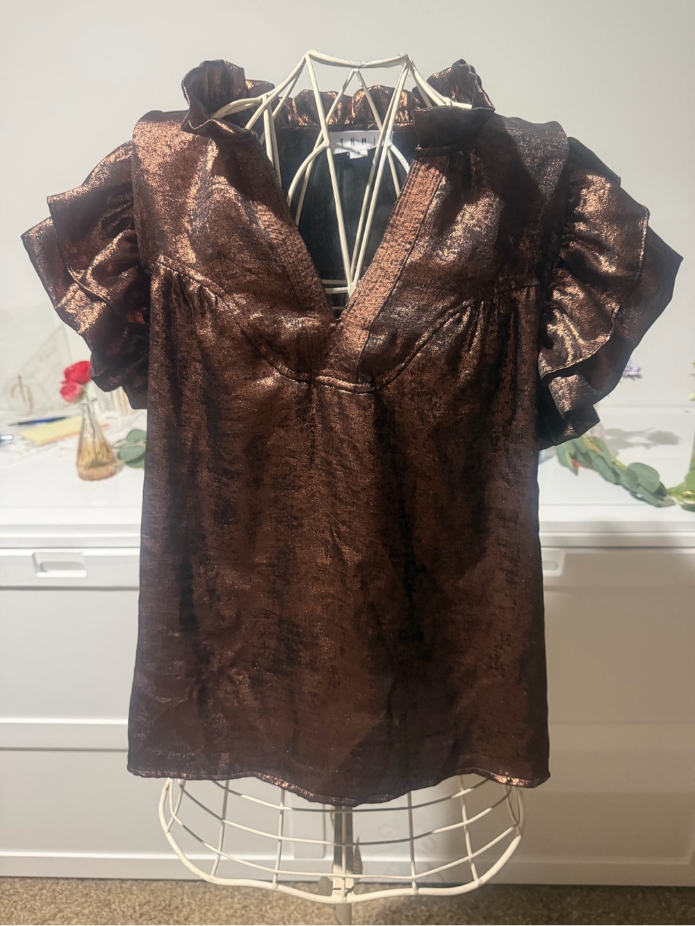 THML Shimmery Copper Ruffle Sleeve V-Neck Top